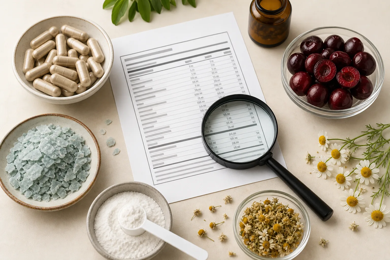 Supplement evidence research desk with generic ingredients and labels